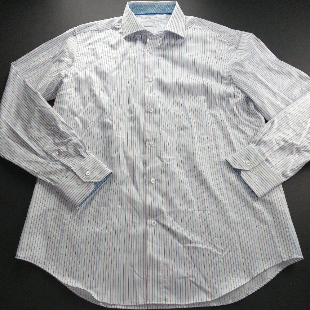 Bugatchi Uomo Men's Button Front Dress Shirt Size 16.5 34/35 Rainbow Striped